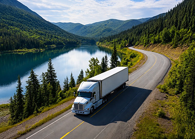 tractor trailer driving on a windy road with a lake and mountain in the background